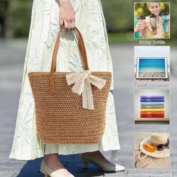 Straw Beach Bag Women Summer Tote Large Capacity Travel Handbag - Picture 5 of 7